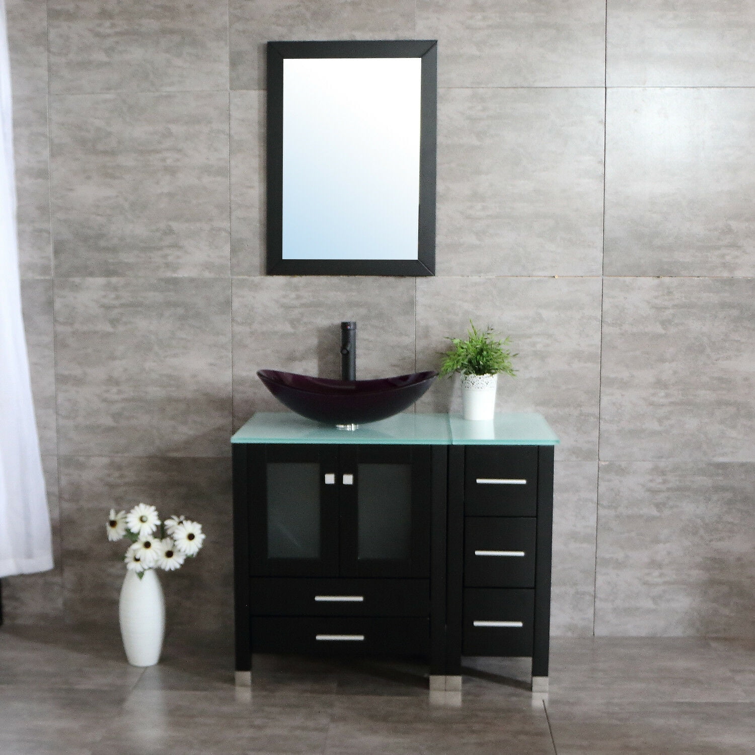 36" Bathroom Vanity & Tempered Glass Vessel Sink Bowl