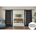 thumbnail image 3 of Sturdy Double Barn Door with | Quadro 4088 Matte Black with Frosted Glass | 13FT Rail Hangers Heavy Set | Solid Panel Interior Doors, 3 of 6