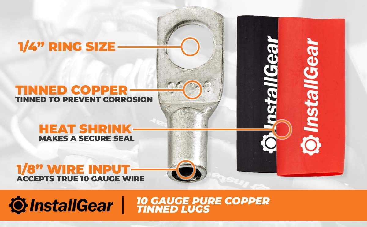 InstallGear 10 Gauge AWG Tinned Pure Copper Lugs Ring Terminals Connectors with Heat Shrink - 10-Pack