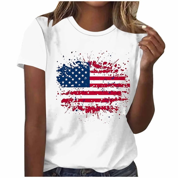 American Flag Shirts for Women Summer Short Sleeve 4th of July Patriotic T-Shirt Fashion Memorial Day Graphic Tee Crewneck Independence Day Tops