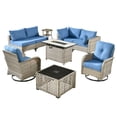 thumbnail image 4 of XIZZI 9 Pieces Wicker Patio Furniture Outdoor Conversation Set with Fire Pit Table and Swivel Rocking Chairs Rattan Patio Sectional Sofa with Cushions for Backyard, Diamond Blue, 4 of 12