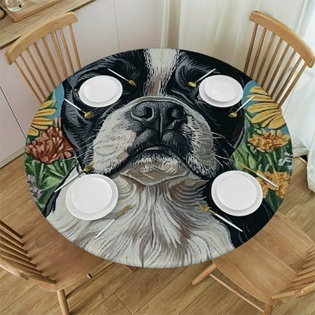 

SHERONV Dog Flowers Butterfly Round Tablecloth Stain-Resistant 100% Polyester 42 -46