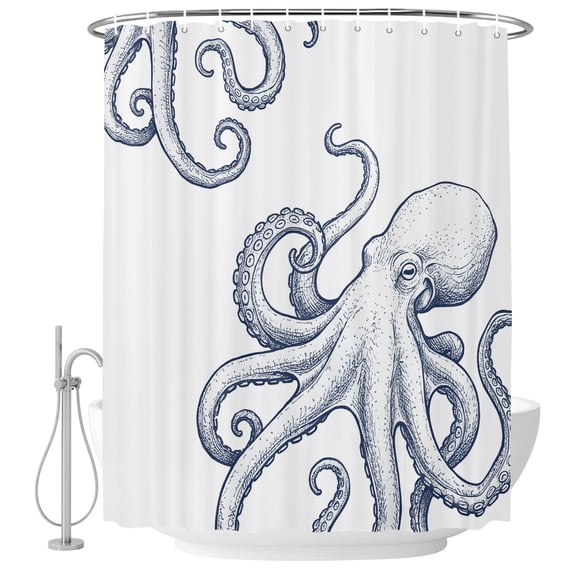 Octopus Coastal Shower Curtains for Bathroom, Waterproof Fabric Bath Curtains Decor, Bath Tub Curtain Nautical Summer Ocean Seaside Decorative Shower Curtain Sets with 12 Hooks, 72x72 Inch