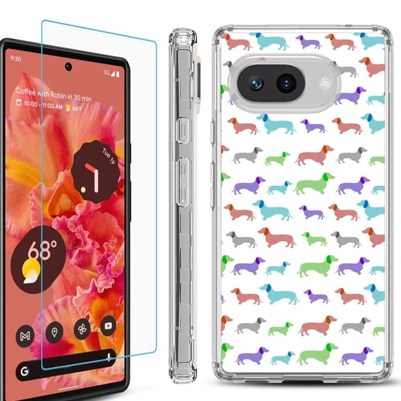 For Google Pixel 9a Phone Case Cover, Shockproof Bumper Case with Tempered Glass Screen Protector, by OneToughShield - Colorful Dachshund/Puppy
