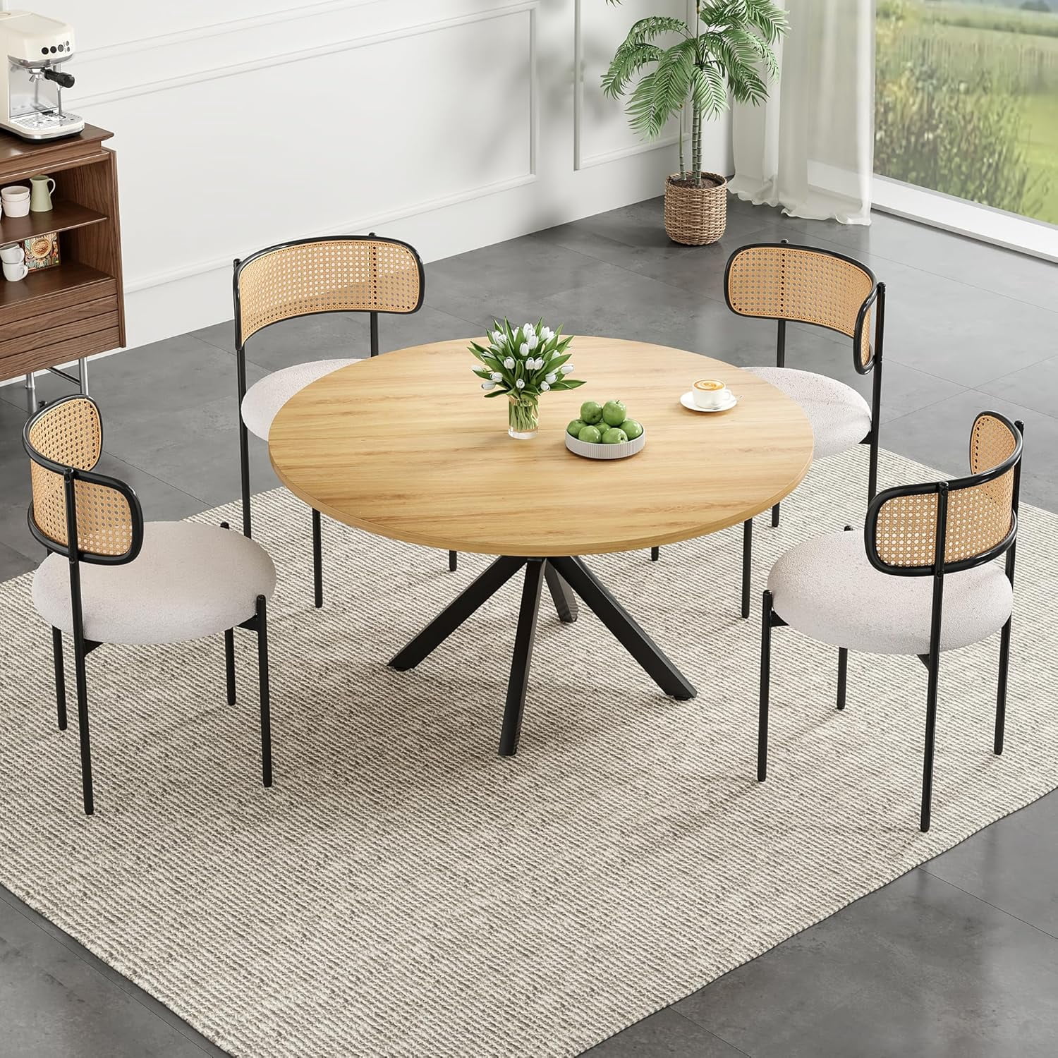 Farini 47" Round Dining Table, Mid-Century Modern Wood Table with Metal Base, Seats 4-6, for Kitchen or Dining Room, Nature