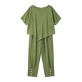 thumbnail image 6 of Bloomae Two Piece Cotton Linen Outfit Sets for Women Lightweight Casual Summer Short Sleeve Irregular Hem Tops Drawstring Elastic Waist Button Ruched Bottom Pants Trendy Matching Lounge Set Green M, 6 of 7