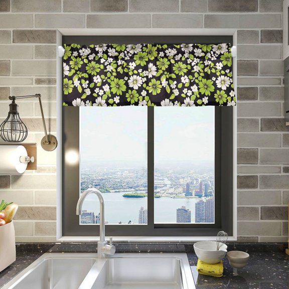 Yayeee Kitchen Valance Rod Pocket 54" x 18" Living Room Window Curtain, Green Flower Pattern