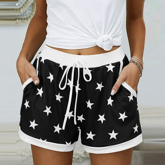 Shorts for Women Clearance under $5.00 Summer Star Print Drawstring Pocket Sleep Shorts Casual Lounge Shorts Black L