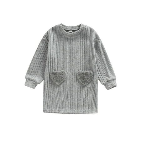

Peyakidsaa Little Baby Girls Autumn Casual Dress Gray Long Sleeve O Neck Dress with Heart Pockets