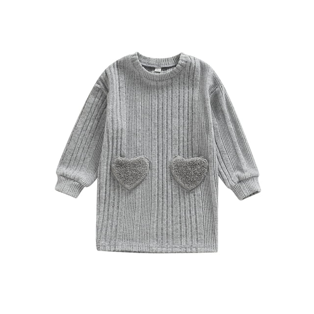 xiaxaixu Robe Décontractée d'Automne pour Filles Tout-Petits Robe Grise à Manches Longues Col Rond avec Poches en Cœur