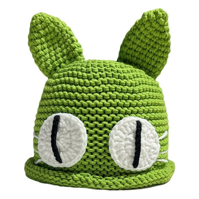 Knitted Hat Cute Cat Shape Contrast Color Handmade Stretchy Casual Ear Protection Oversized Autumn Winter Women Bucket Hat Daily