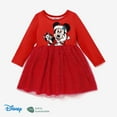 thumbnail image 2 of Disney Mickey Mouse Christmas Girls Dresses Graphic Long Sleeves Mesh Overlay Sparkle Outfits Sizes 2-6, 2 of 11