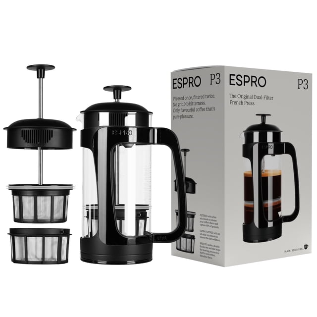 ESPRO - Prensa francesa P3 - Cafetera y tetera con doble microfiltrado, preparaciones sin arena y sin amargor, ideal para té suelto y café molido - (negro, 32 oz)