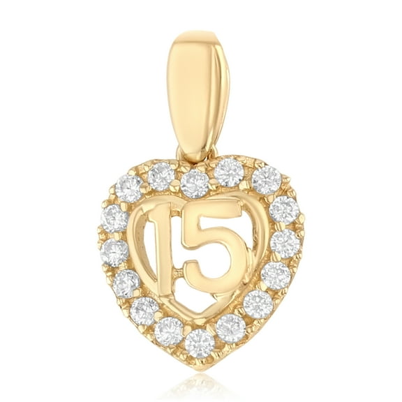 14K Yellow Gold Sweet 15 Years Quinceanera Heart Cubic Zirconia CZ Charm Pendant For Necklace or Chain