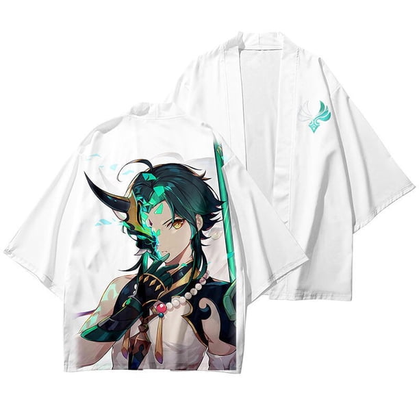 Juego Genshin Impact Xiao Kimono japonés Haori Yukata Cosplay Mujeres / Hombres Moda Verano Manga corta Kimono Camisas Streetwear4XLGenshin Impact Gao Jinjia LED