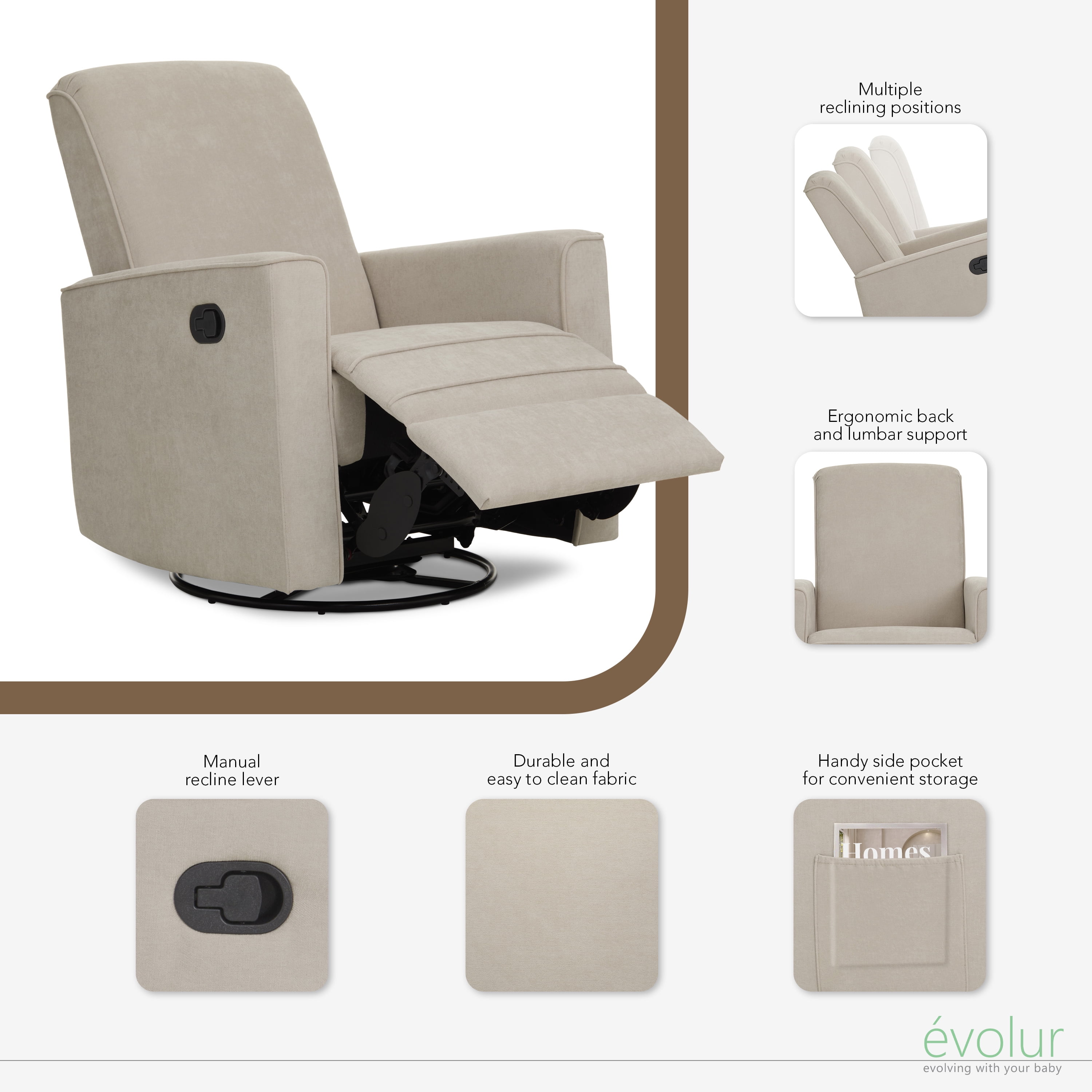 Evolur Raleigh Nursery Glider Recliner and Rocking Chair in Tan, 360° Swivel Motion, Multiple Recline Positions, Easy to Clean, FSC and Greenguard Gold Certified
