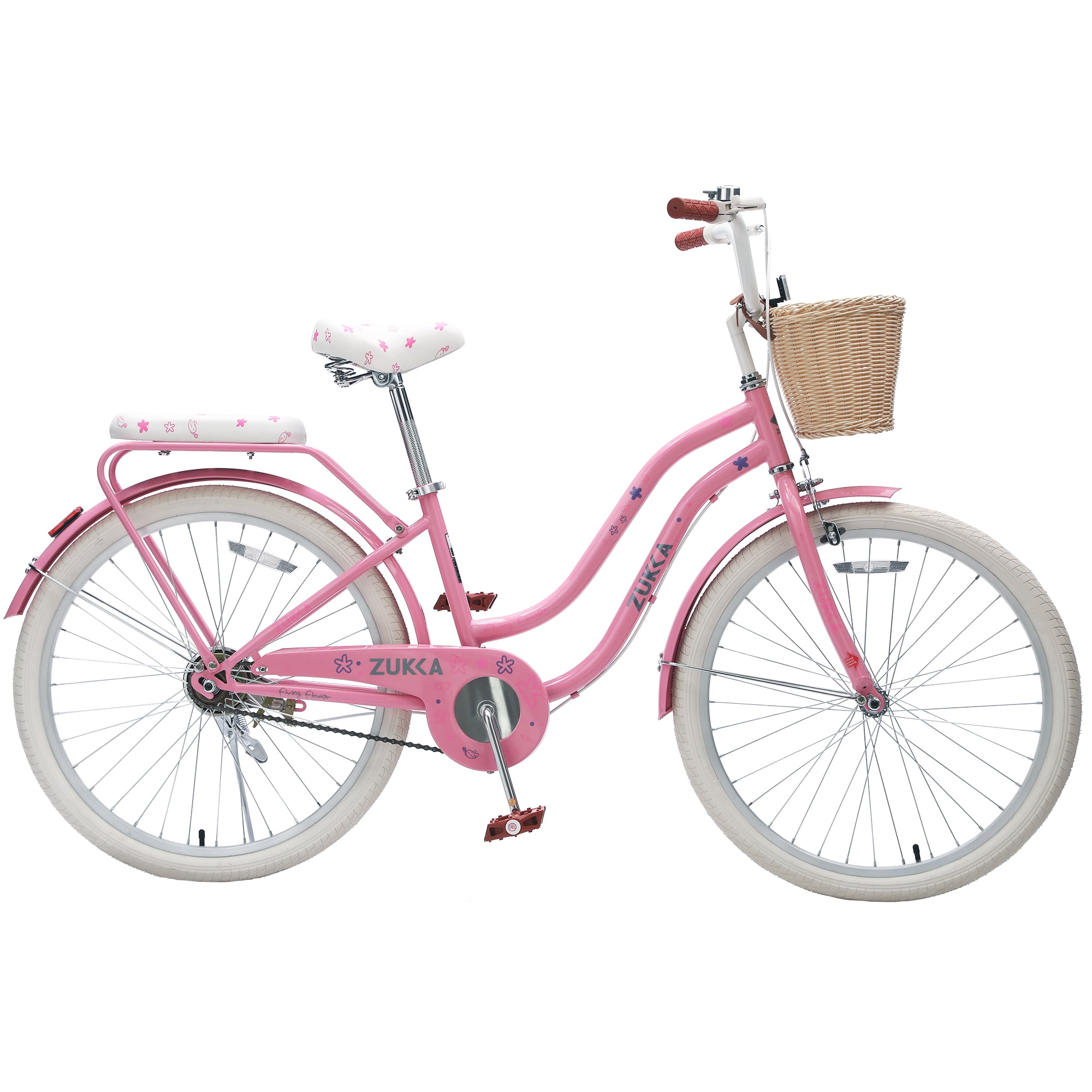 Aukfa 24" Retro Beach Cruiser Bike for Women & Girls, Single Speed City Commuter Bicycle with Basket & Rear Rack,Pink