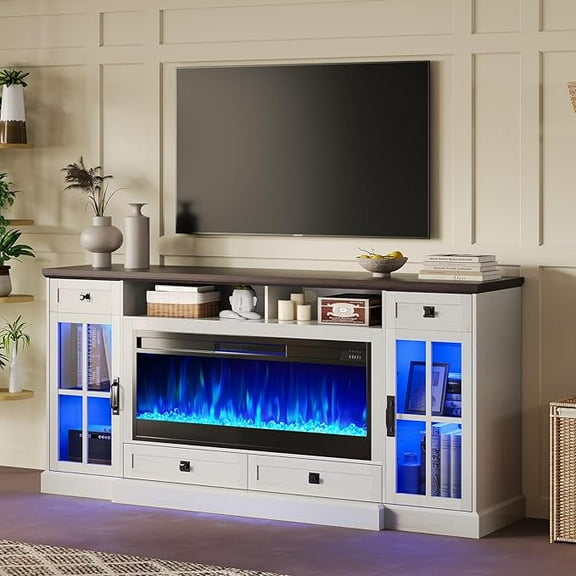 Merluxy 70" Fireplace TV Stand for 80" TV,Farmhouse TV Stand with 42" Fireplace & LED Lights,Entertainment Center with Storage Drawers,Antique White