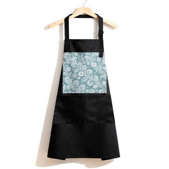 RKSupls Waterproof Bib Apron with 3 Pockets, Teal Paisley Floral Pattern Repeat Adjustable Neck Strap Soft Polyester Water Resistant Apron for Kitchen Restaurant Home Use