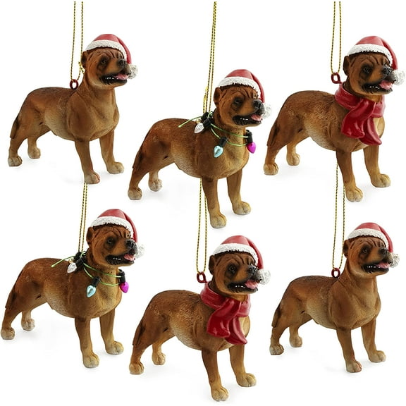 Darware Pitbull Dog Christmas Ornament (Set of 6); Dog Figurine Hanging Christmas Tree Decorations Wearing Santa Hats