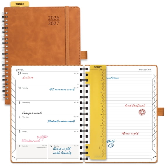 POPRUN Planner 2026-2027, Weekly and Monthly Academic Planner Calendar Notebook, Jul.26-Jun.27, 6.5" x 8.5", Inner Pocket, Monthly Tabs, Spiral Leather Cover - Brown