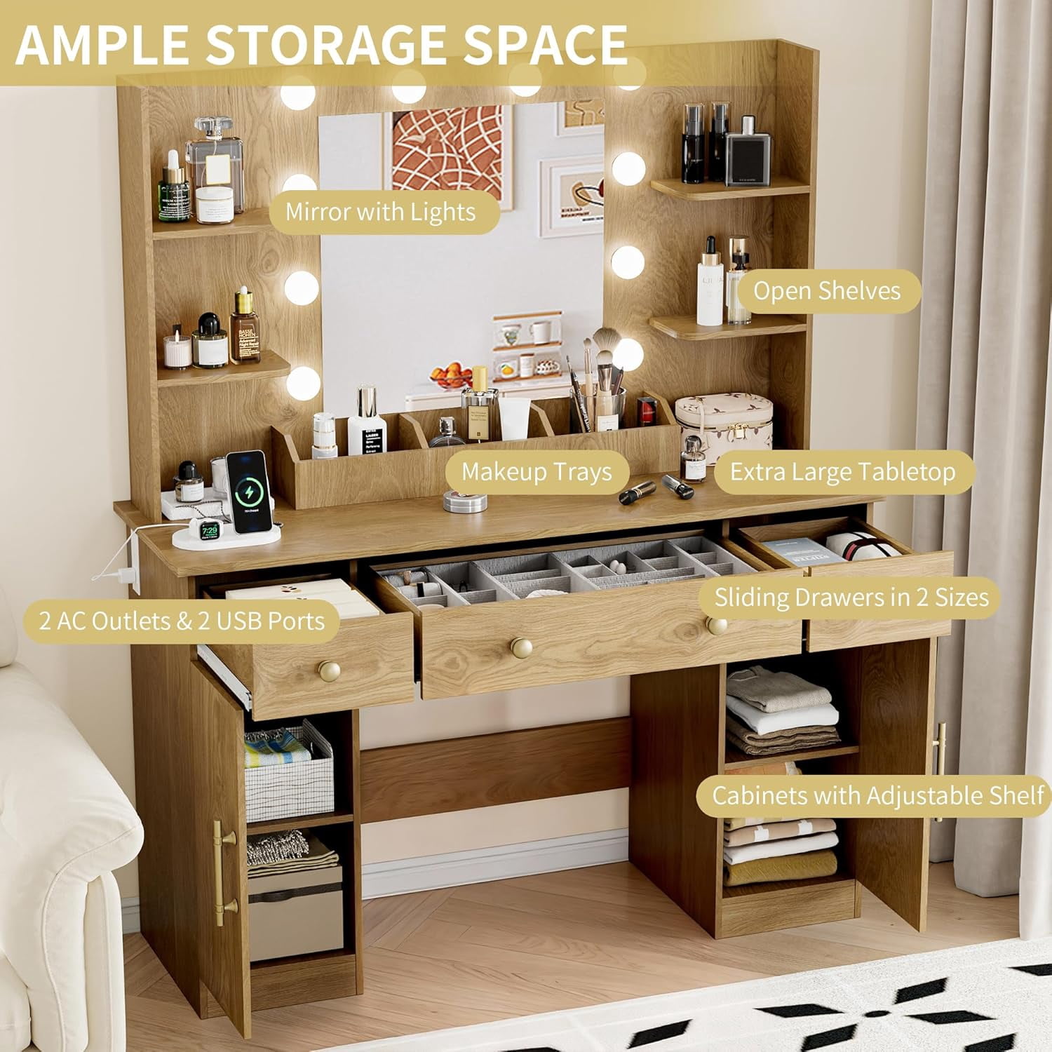 FANRAL 43'' Vanity Desk with 10 LED Lights,Under-Table RGB Strip & Built-in Power Station,Multi-Storage Makeup Table for Bedroom Bathroom Grooming,Natural Oak Vanity