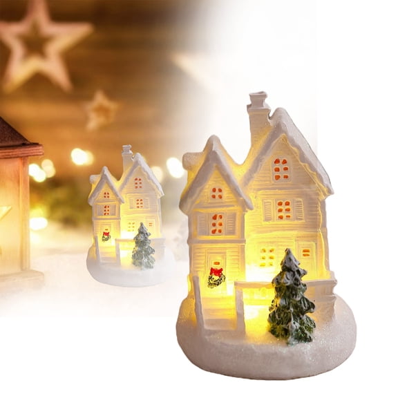 Christmas Houses Resin Ornaments Desktop Decoration with LED Lights, 2025 Mini Snow Houses Cottage Town Winter Village Ornament for Xmas Scene Tabletop Decor, 1PC