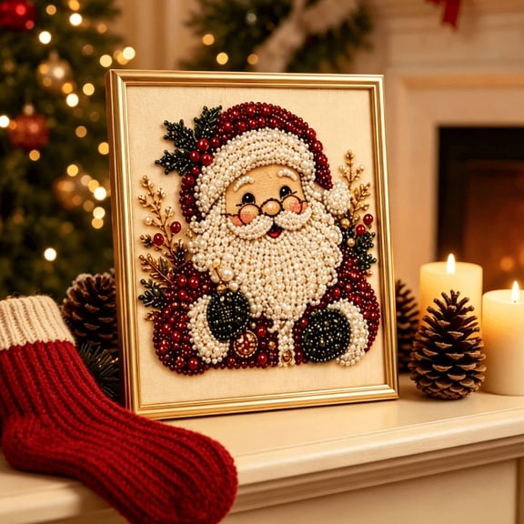 DIY Christmas Pearl Diamond Painting Art Kit, Themed Pearl Beads Art Craft with Frame, Holiday Gemstone Diamond Dots Set for Christmas Home Atmosphere (Santa)