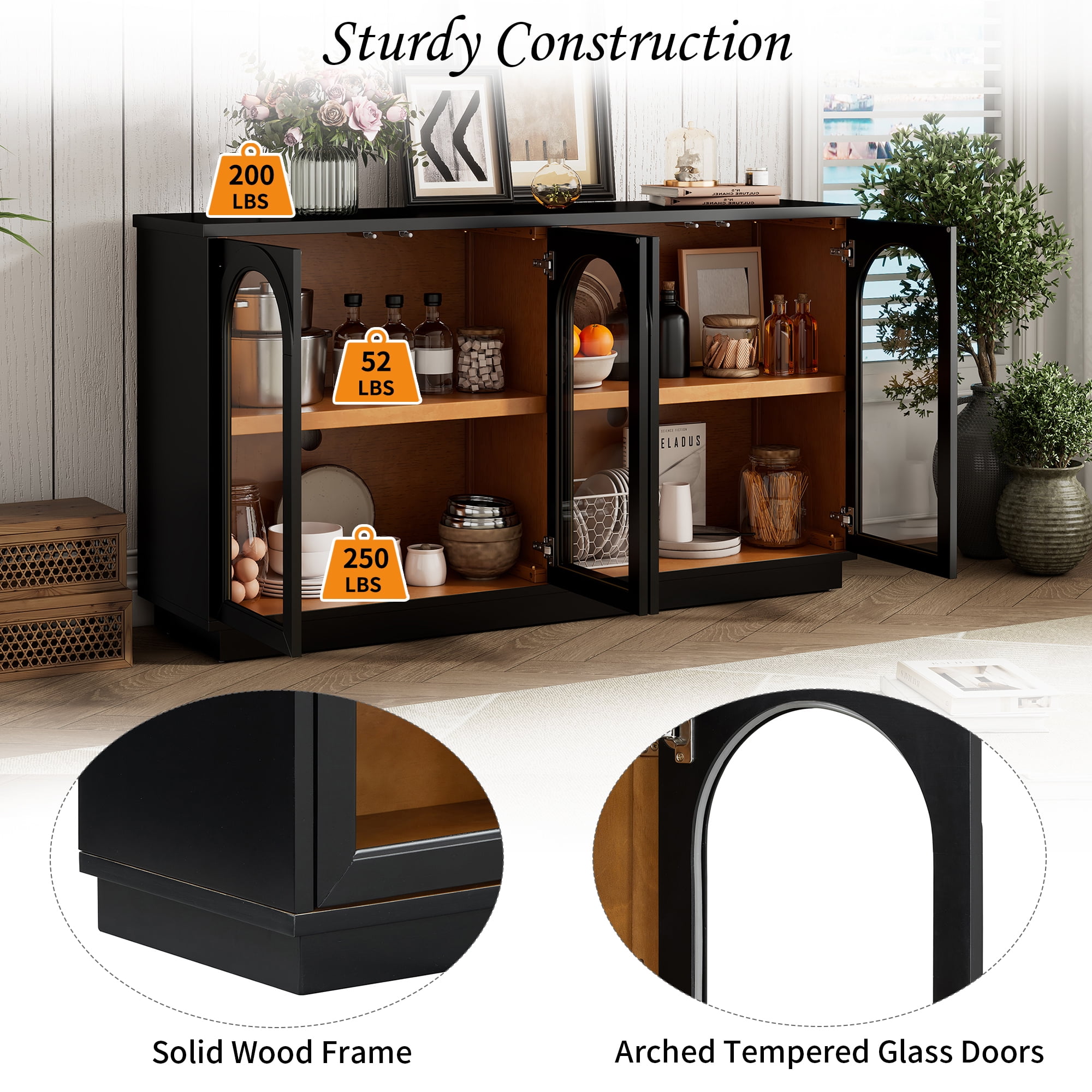 Aukfa Storage Buffet Cabinet with 4 Glass Doors, Large Arched Cabinet,Black