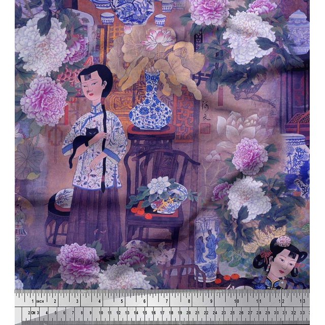 Soimoi Poly Georgette Fabric Flower Vase,Cat & Girl Human Figure Decor Fabric Printed Yard 52 Inch Wide