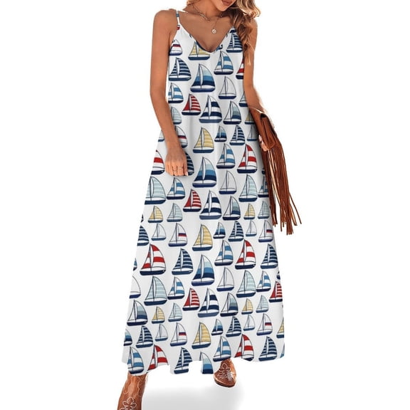 Blue, Red, Yellow Sailboat Pattern Sleeveless Dress Loose Women's Dress Dresses Luxury Evening Dresses