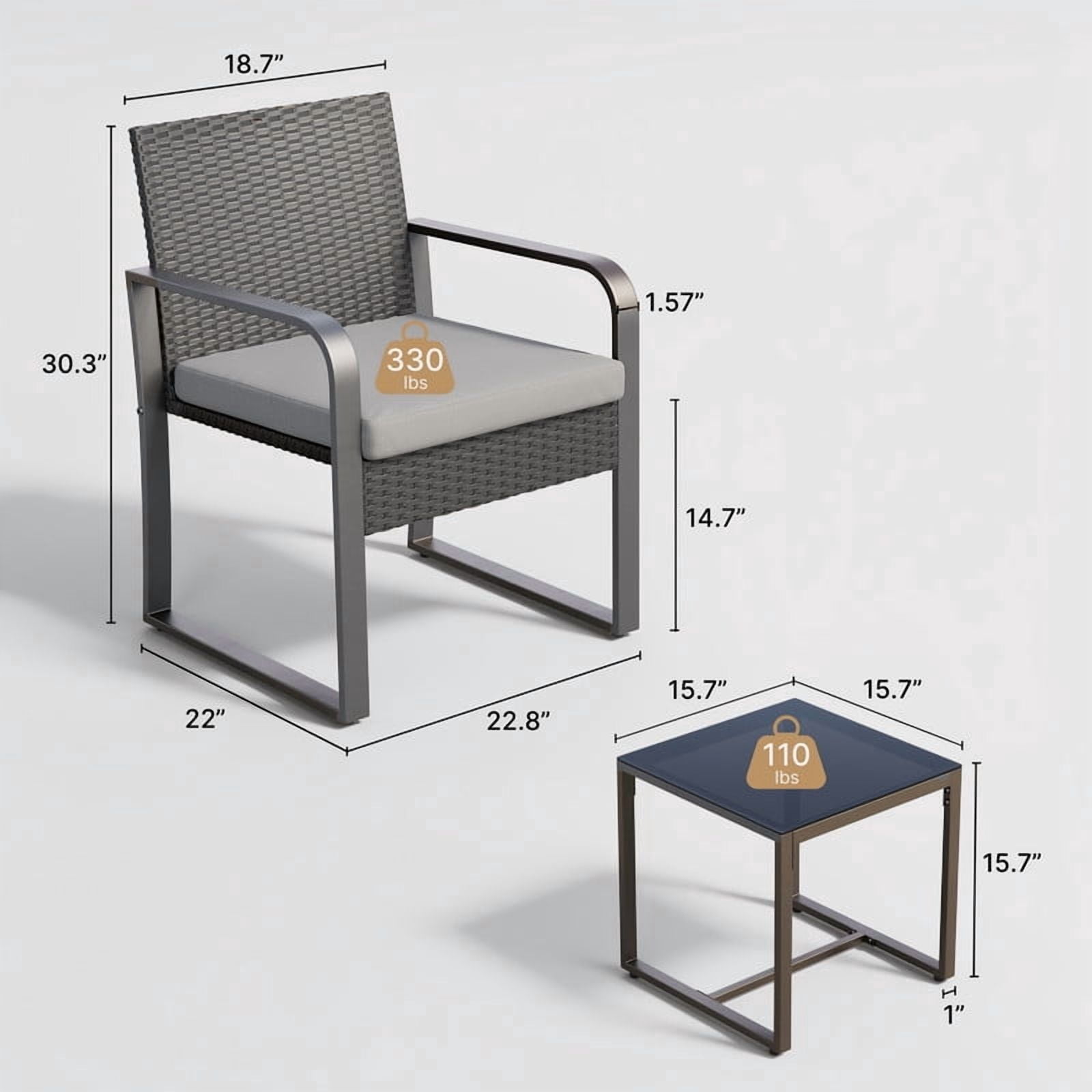 Outdoor 3-Piece Wicker Patio Furniture Set, Weather Resistant Rattan Bistro Chairs with Tempered Glass Coffee Table & Soft Seat Cushions, Gray