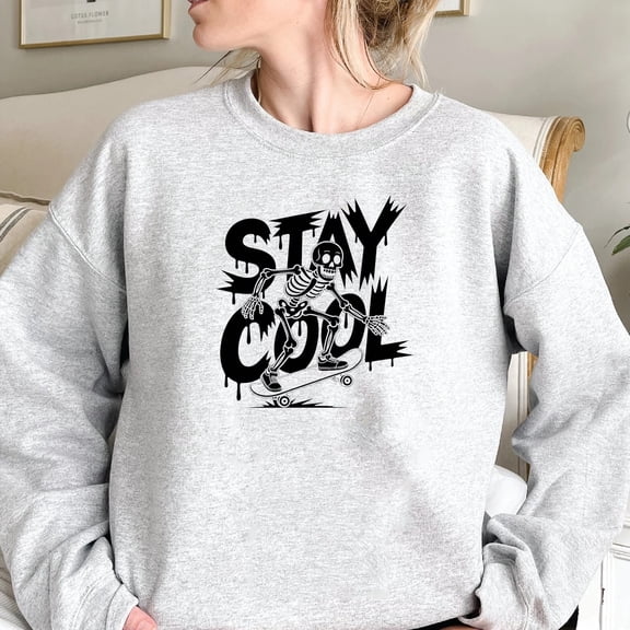 Stay Cool Skeleton Sweatshirt – Funny Skater Halloween Crewneck, Vintage Streetwear Unisex Gift