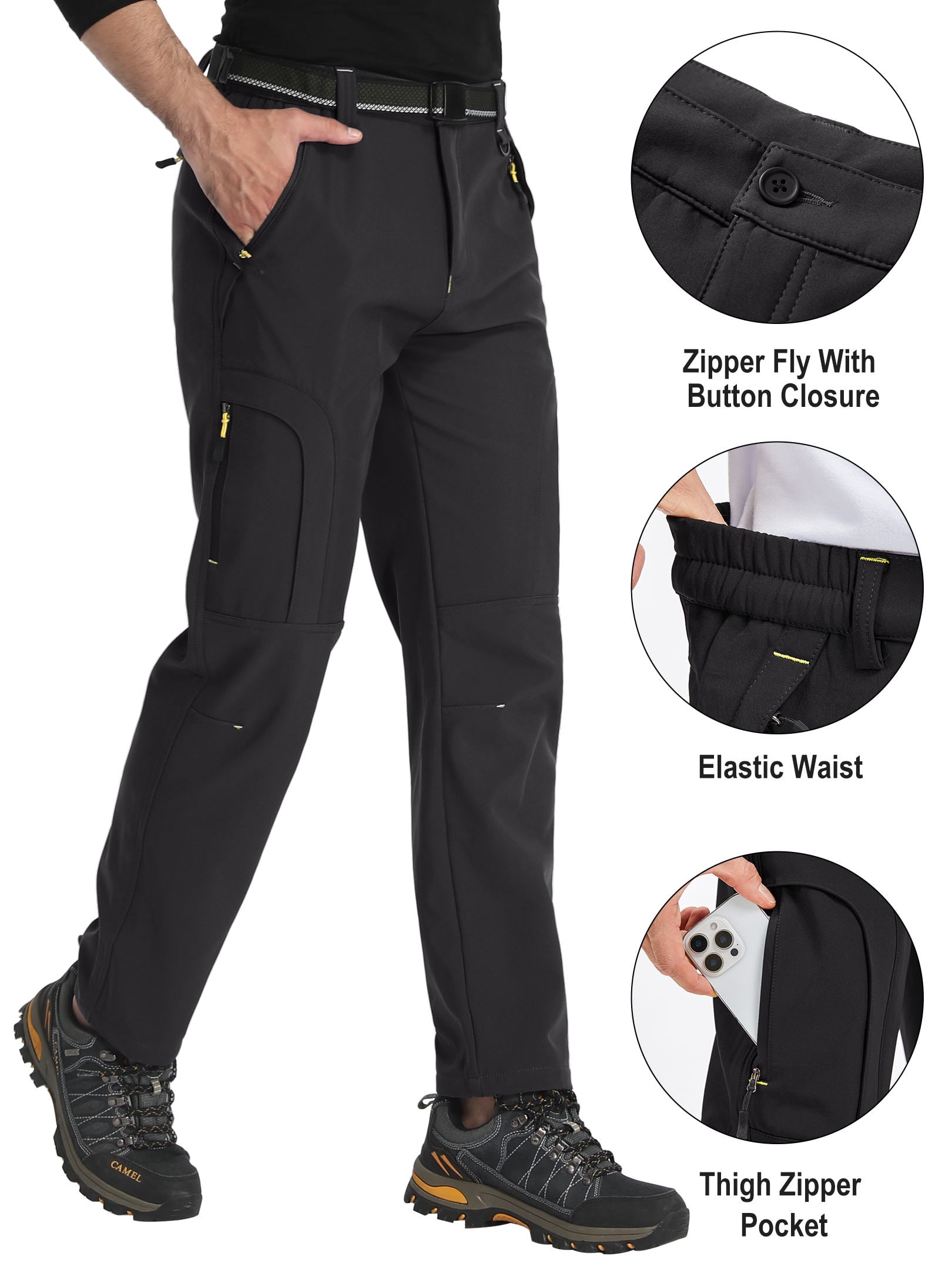 POENTAB Men's Hiking Snow Pants Winter Fleece Lined Insulated Softshell Waterproof Ski Hunting Pant Black 36