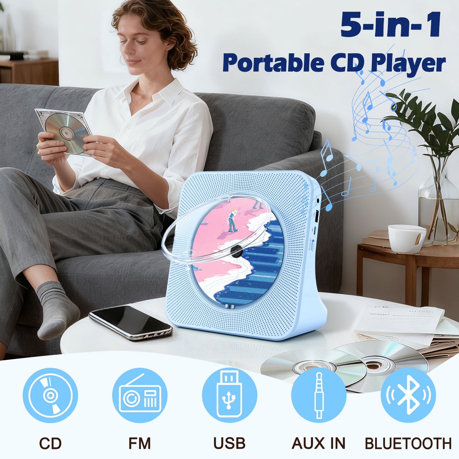 Blue Desktop CD Player for Home Portable CD Player with Bluetooth Support CD/Bluetooth/FM Radio/USB/AUX, Small HiFi Speakers with  Remote Control