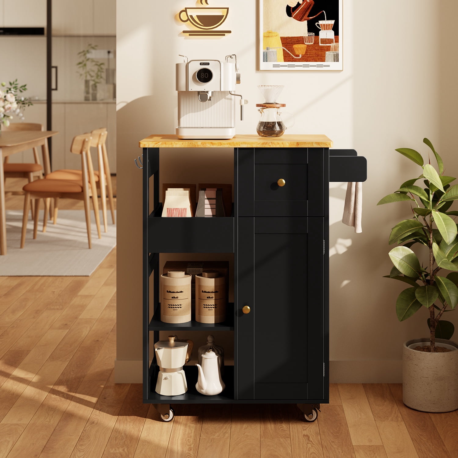 Kitchen Island Cart on Wheels, Asofer Bar Cart with Adjustable Shelf and Removable Tray for Dining Room, Black