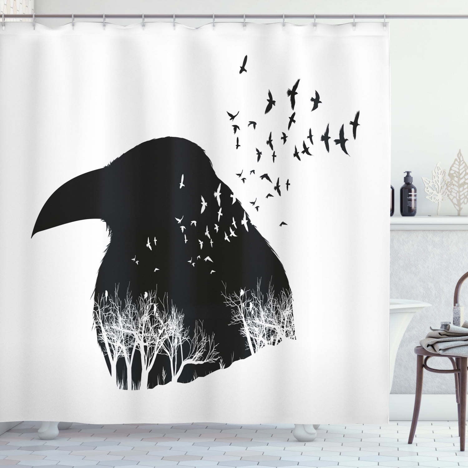 Black Crow Shower Curtain, Double Exposure Effect Silhouette Portrait Bird and Bare Trees Flying