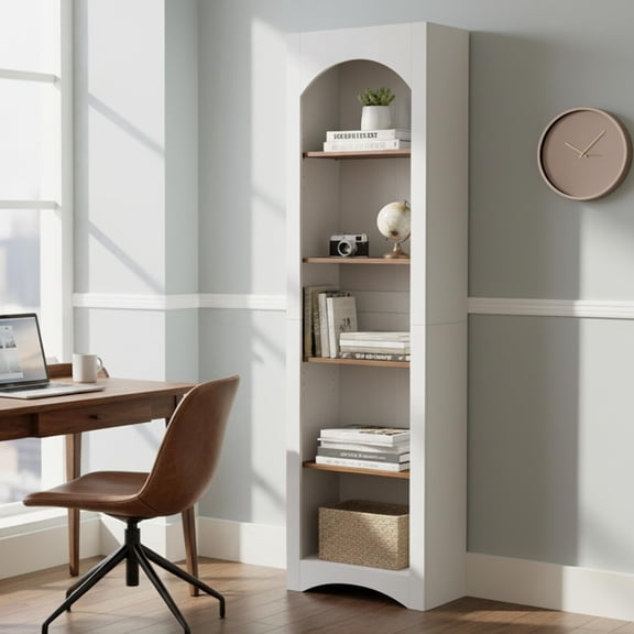 DIYART 71.6" Tall Farmhouse Bookshelf, 5-Tier Narrow Bookcase, Compact Corner Bookcase, Storage Organizer with Adjustable Shelves for Living Room, Home Office, White