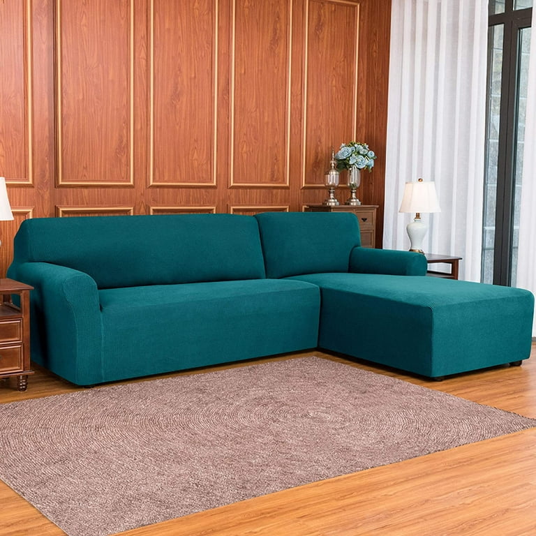 Subrtex Stretch 2-Piece Textured Grid L-Shaped Sectional Sofa Slipcover  (2-Seater Right Chaise, Teal) 