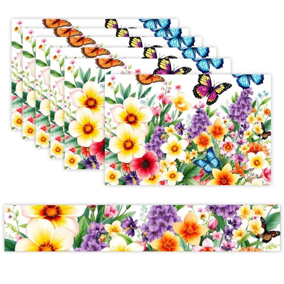 7 Piece Linen Table Runner and Placemats Set, Butterfly Garden Colorful Round Corner Heat Resistant Washable Table Mats for Home Kitchen Dining Party Decoration