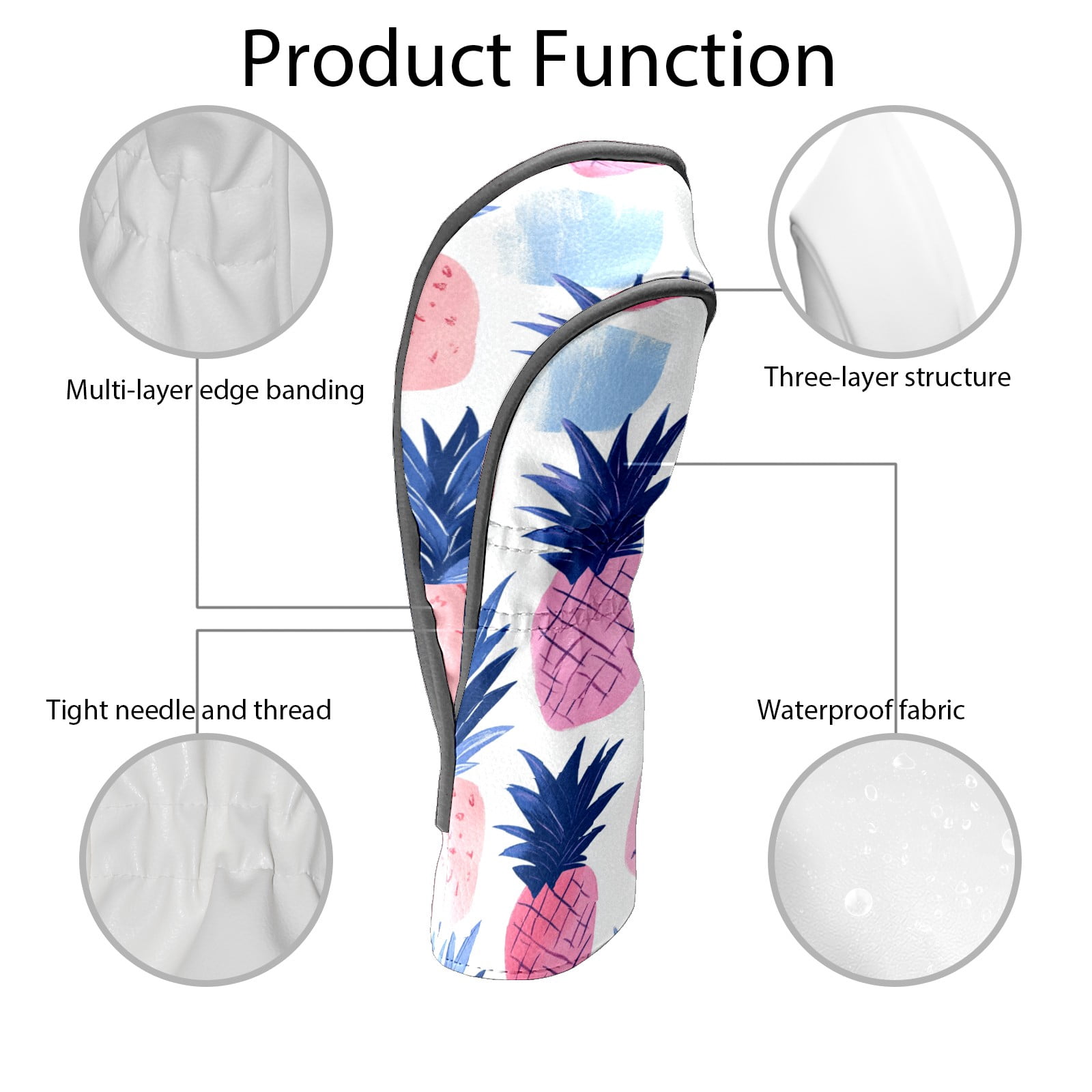 Golf Club Covers PU Leather Waterproof Head Covers for Fairway Woods Hybrids Pineapple Pattern Unisex Fits Most Brands