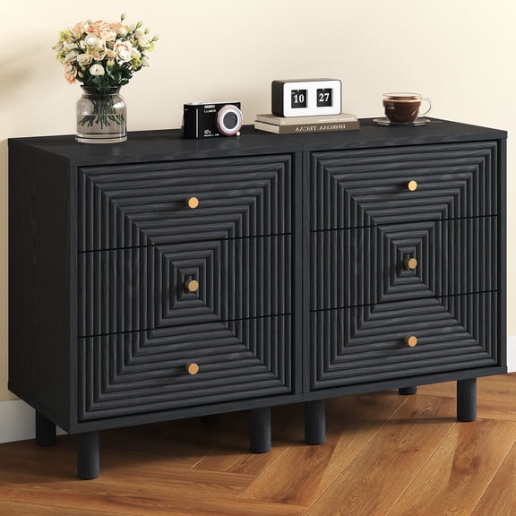 CozyHome 3-Drawer Nightstand Set of 2 with Solid Wood Legs and Gold Handles, Wooden Storage Nightstand Side Table, Accent Chest of Drawers for Bedroom, Living Room, Entryway, Black