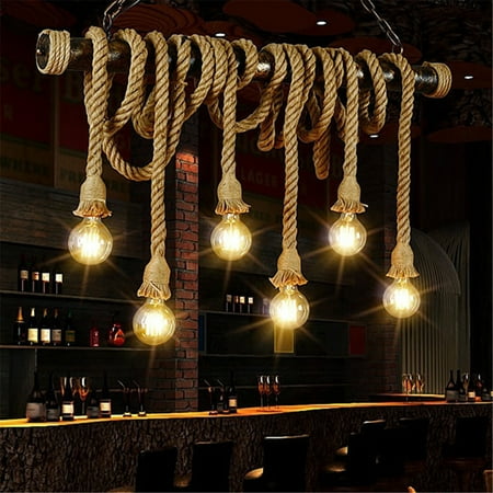 Country Kitchen Lighting Wedlies Retro 6 Lamp Hemp Rope Chandelier Lighting Twisted Flaxen Rope Country Style Pendant Lights ()