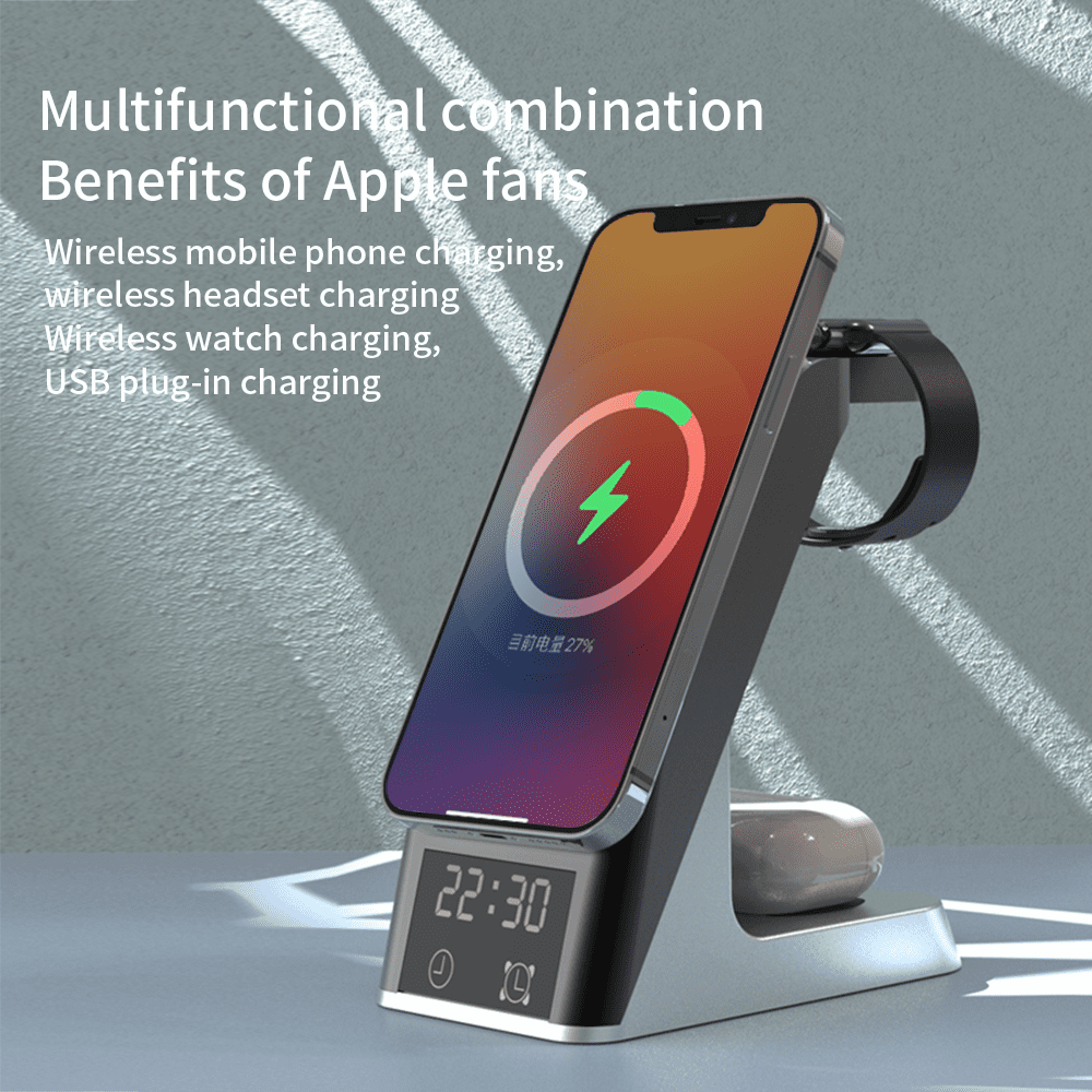 H27 6-in-1 Magnetic Wireless Charging Station with Digital Alarm Clock, 15W Transparent Fast Charger for iPhone 17 16 15 14 13 12, Apple Watch, AirPods, and Extra USB Port