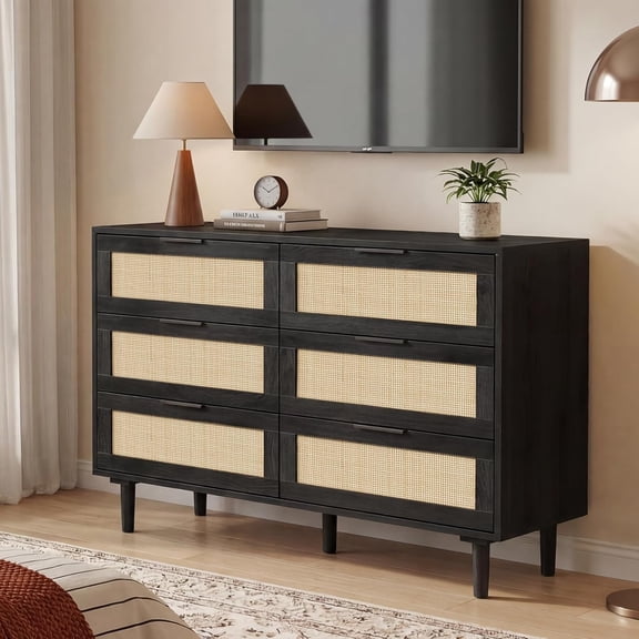 LAZZO 6-Drawer Rattan Dresser, Modern Wooden Chest of Drawers with Storage for Bedroom, Living Room and Hallway, Black
