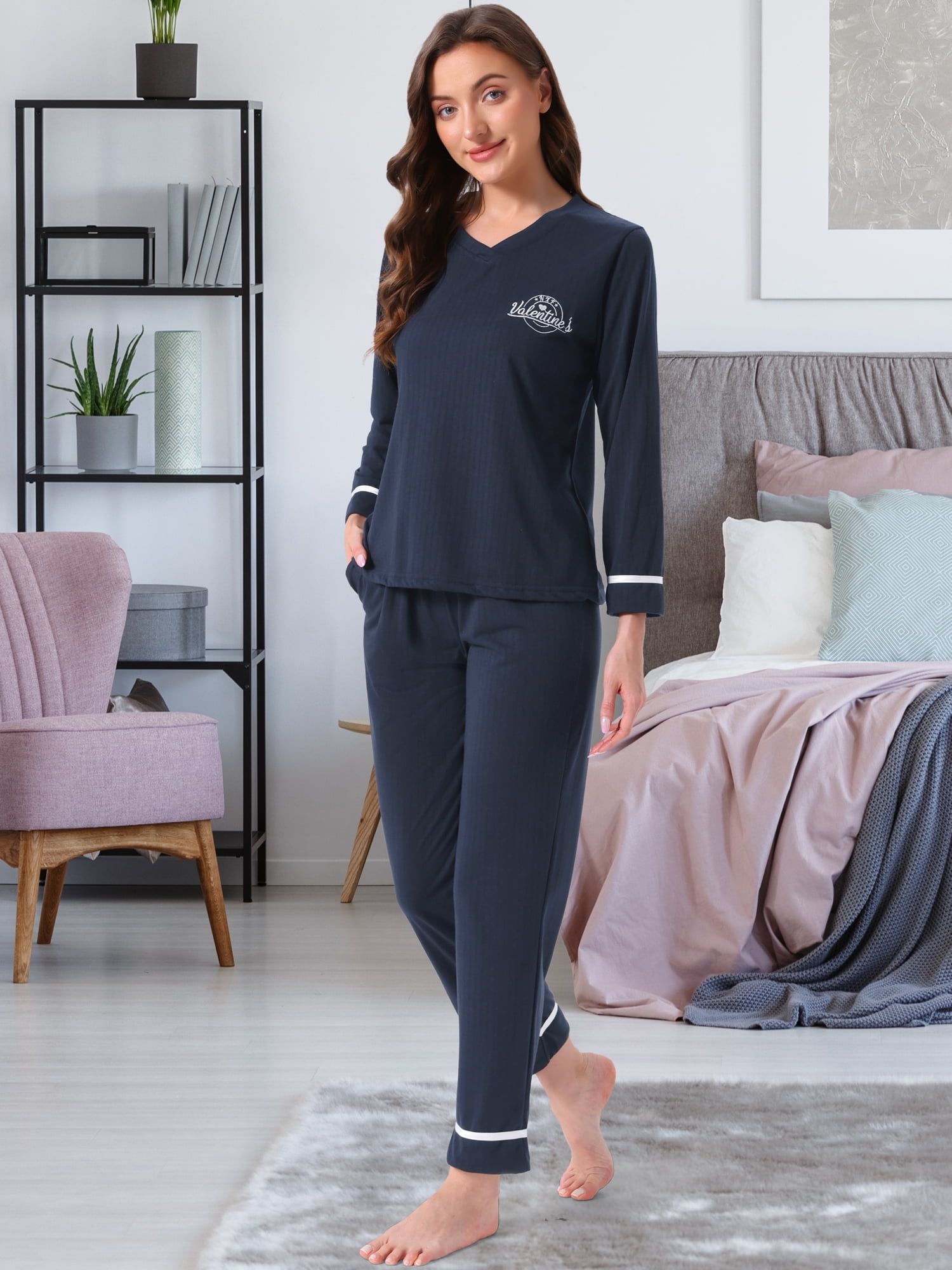 DARING DIVA Women's Cotton Ribbed Pullover V-neck Tops with Bottoms Pajama Sets L Black
