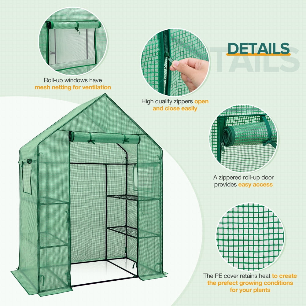 EAGLE PEAK 61'' x 28'' x 79'' Walk-in Greenhouse with 2 Tier 4 Shelves, Zipper Entry Door, and 2 Side Windows