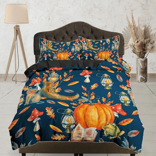 Vintage halloween ropa de cama y funda de almohada, funda nórdica azul conjunto dormitorio ropa de cama,