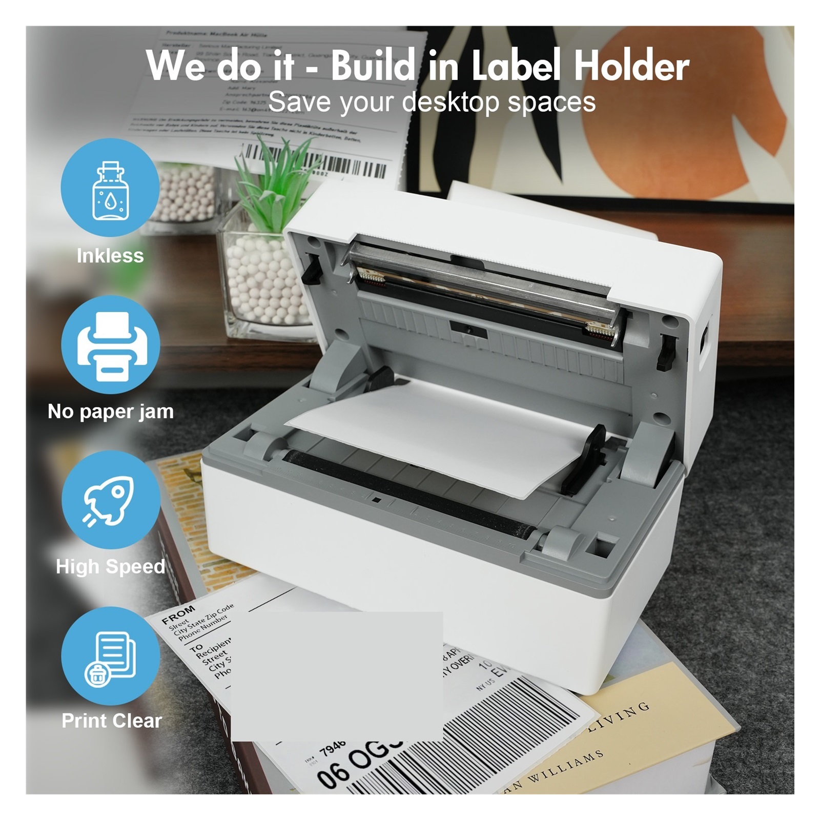 Thermal Label Printer Portable No Ink Required for Small Business WiFi Bluetooth USB High Speed