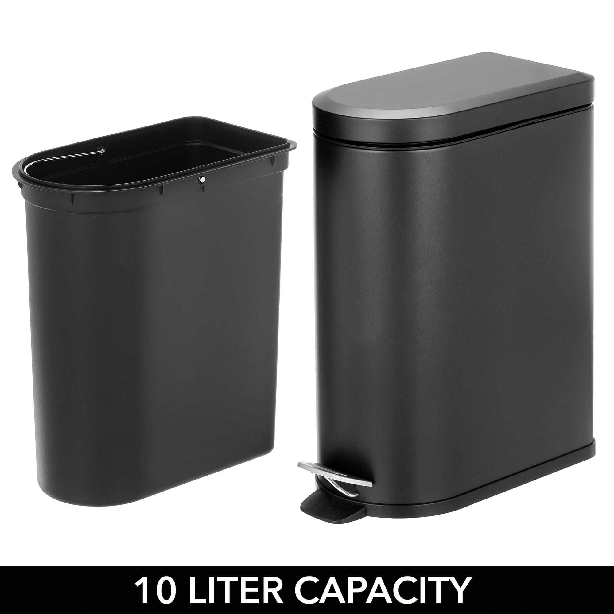 mDesign Small 2.6 Gallon Steel Metal D-Shape Step Trash Can for Bathroom, Black
